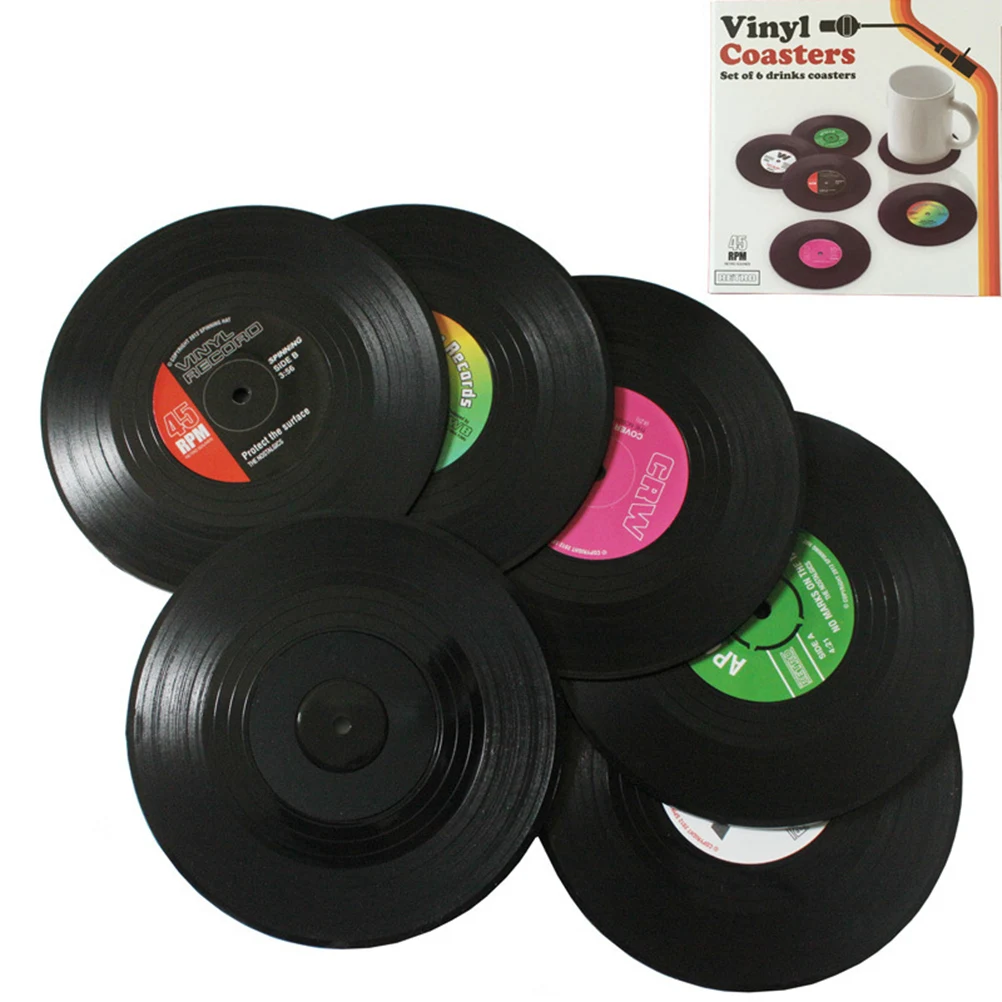 

6pcs Retro Record Coasters Vinyl Drink Cup for Coffee Glass Beer Premium Round Anti-Slip Table Protection
