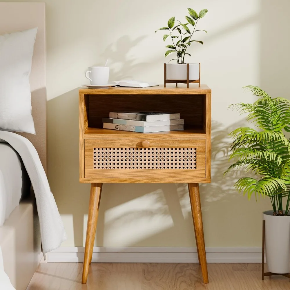 

Rattan Nightstand Bedside Tables, Modern Wood Side Table Small End Table for Bedroom Living Room with Long Solid Wood Legs Drawe