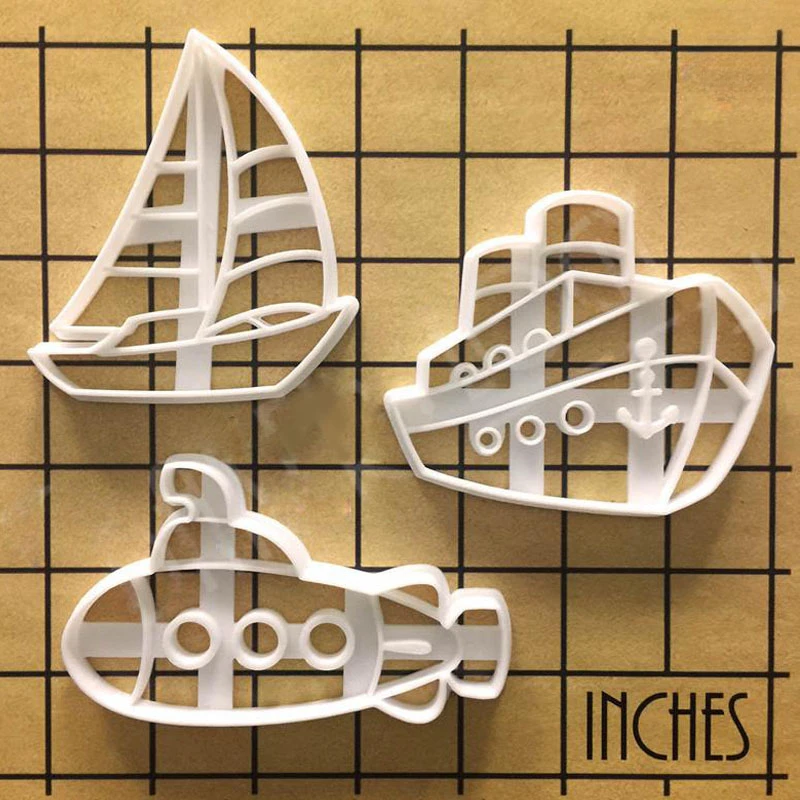 Steamer Submarine Sailing Boat Shaped Cookie Cutters Ship Pattern Fondant Biscuit Stamp Mould Embosser Cake Decoration Tools