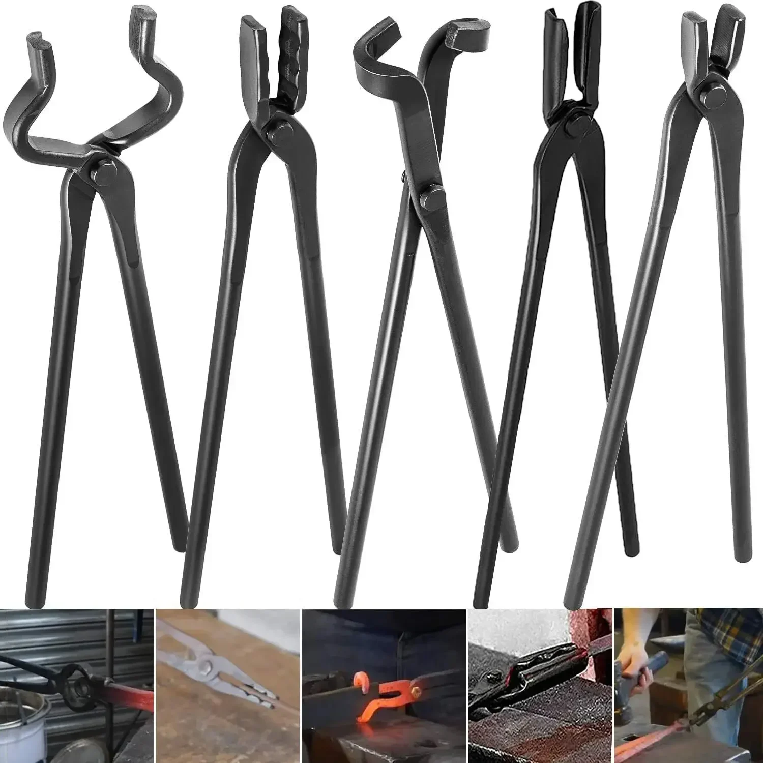 TML 5PCS Blacksmith Tongs Tools Set For Knife Making, Anvil, Forge Kit for Anvil Vise Forge