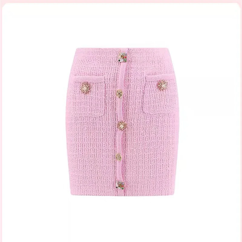 Wrapped hip skirt two-piece set, exquisite diamond buckle short sleeved top for socialites, SP2024 Summer pink