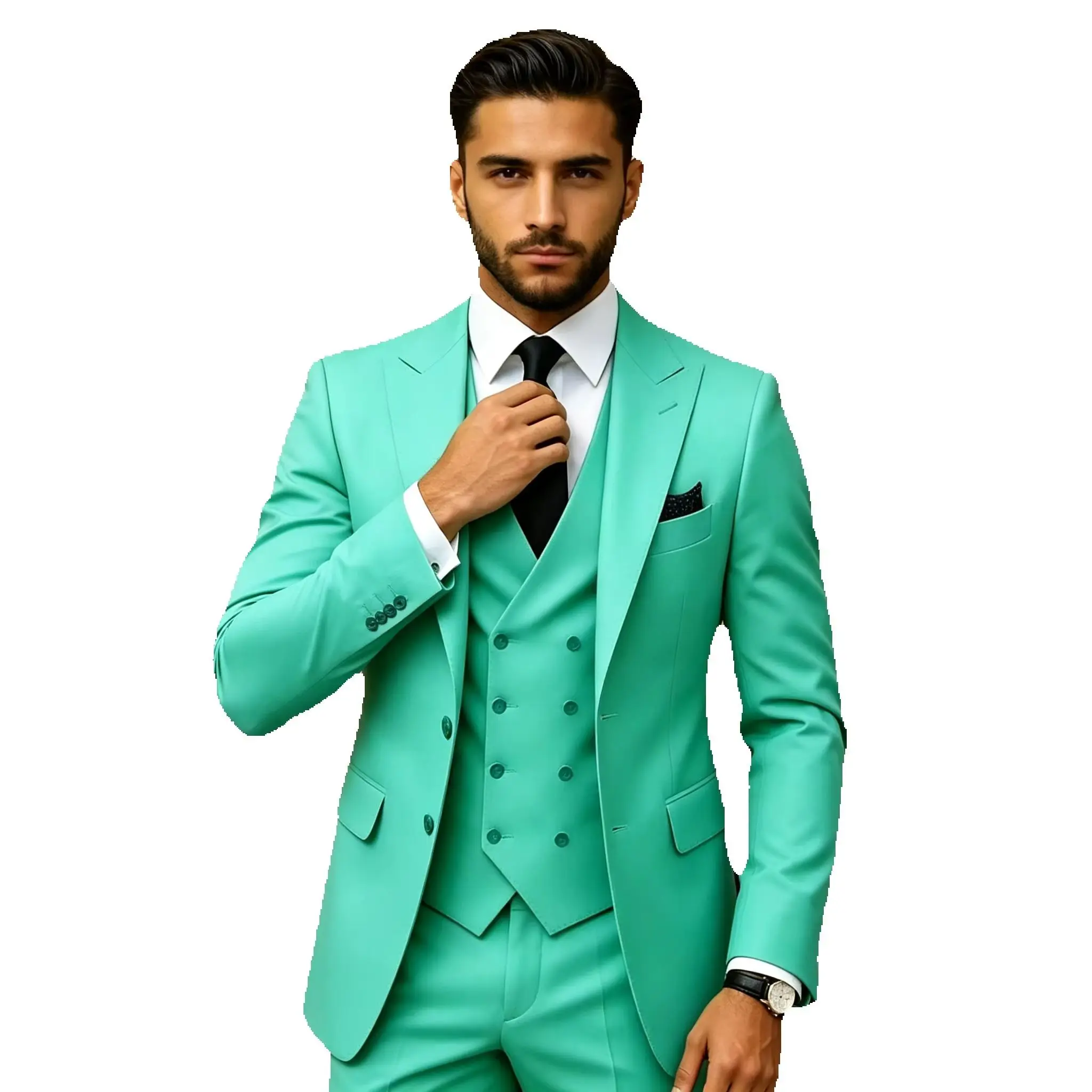 

Mint Green Slim Fit Men's Luxury Wedding Tuxedo 3-Piece Set with Blazer Vest Pants Fashion Business Formal Suits for Men