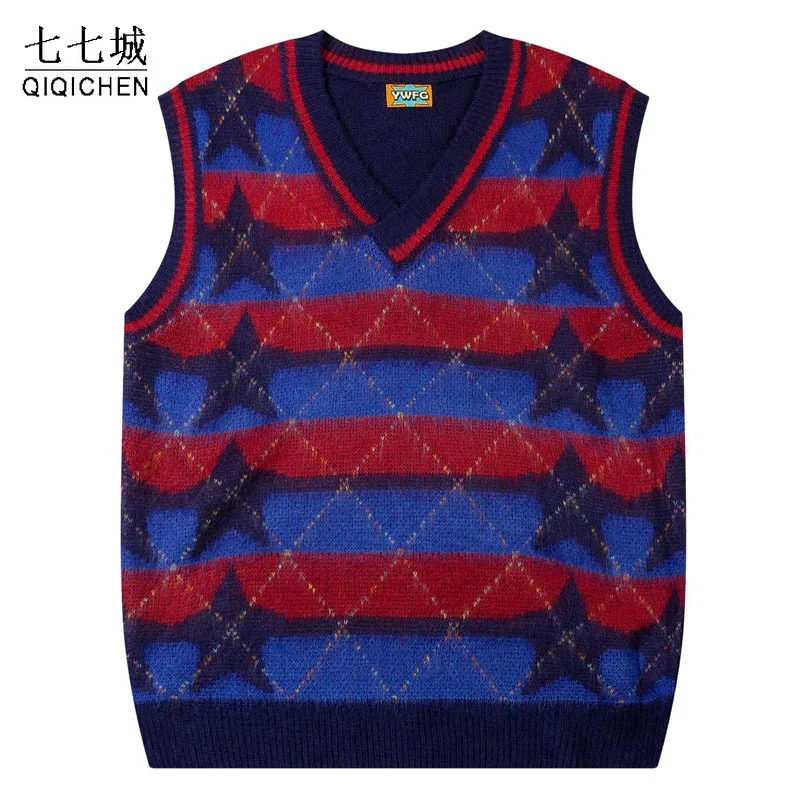 Vintage Sleeveless Sweater Men Striped Star Print Loose Knitted Pullover Casual Oversized Sweaters Jumpers Spring Autumn Tops