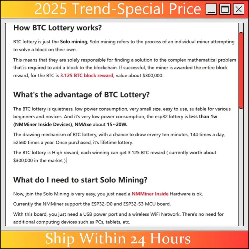

Nmminer Nerdminer V2 411KH/S Hashrate ESP32 2.8 Inch Smart Display BTC Solo Lottery Miner Bitcoin Crypto Lottery Miner