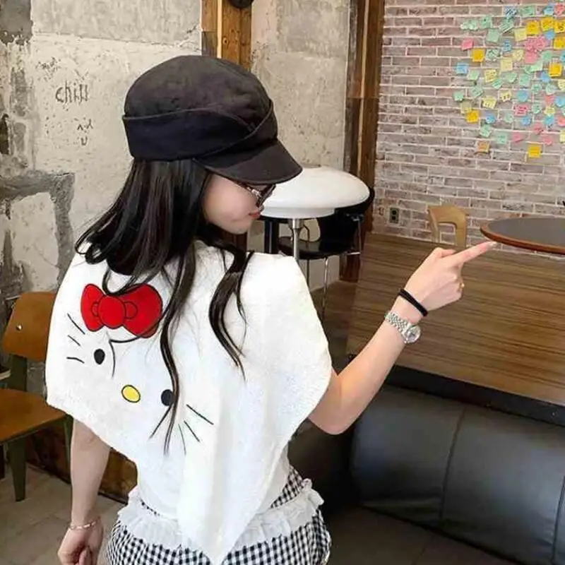 2026 New Hello Kitty Pattern Shawl Women's Summer Simple Top Dress Up Cute Cartoon Playful Knitted Shawl Sweet Girly Small Scarf view 3