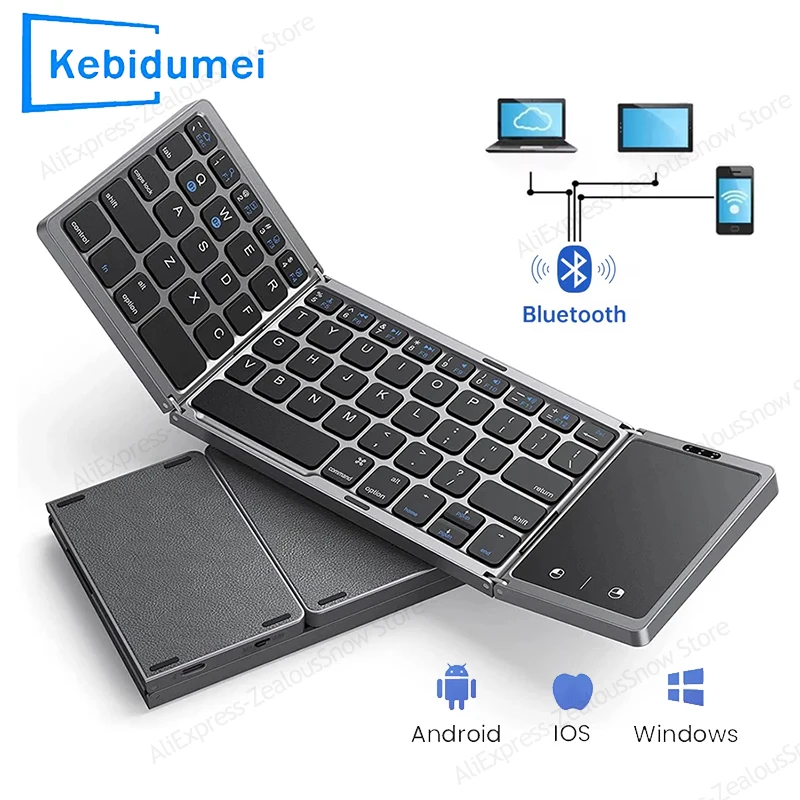 3-Folding Keyboard Tri-Bluetooth Keyboard with Touchpad for PC Windows Android IOS Phone Mini Keyboard Rechargeable Keyboard
