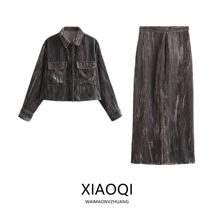 Samt-Irt- und Rock-Set für Damen, Faion, Herbstkollektion, ort Länge, hohe Taille, europäisches SLE-Long-S Sve-Top