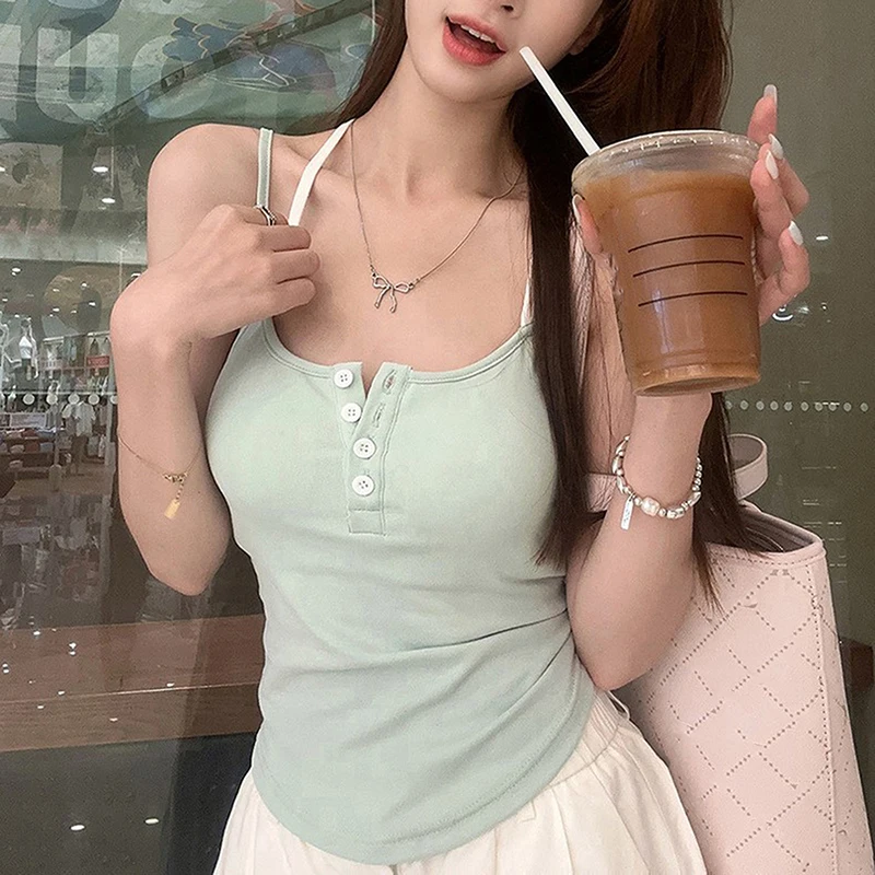 Women Simple Beige Camisole Vintage Summer Print Tank Top Hot Girl Slim Fit Inner Wear Outer Wear Sleeveless With Chest Pads Top