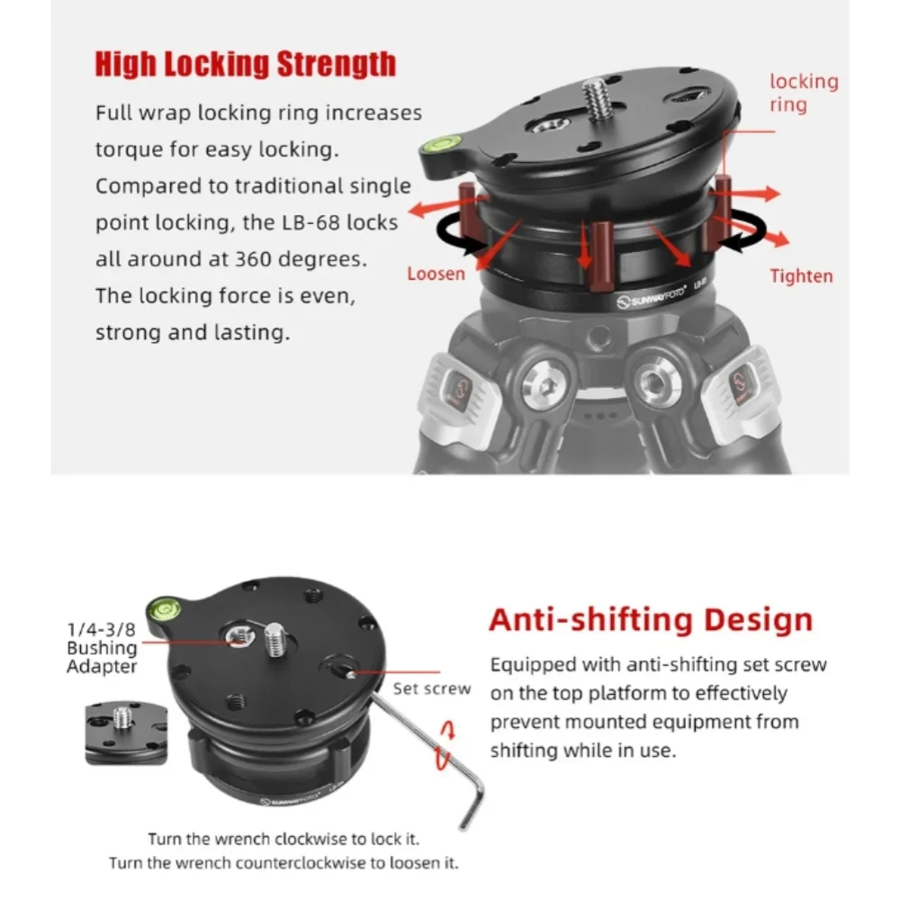 Imagem -04 - Sunwayfoto-nivelamento Base Tripé Head Lb68 22 Lbs 10kg Load Capacidade