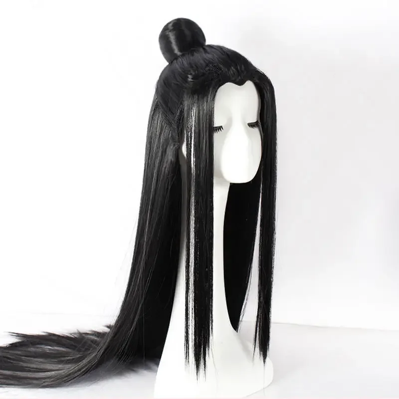 Man's Long Straight Ancient Black Synthetic Wig