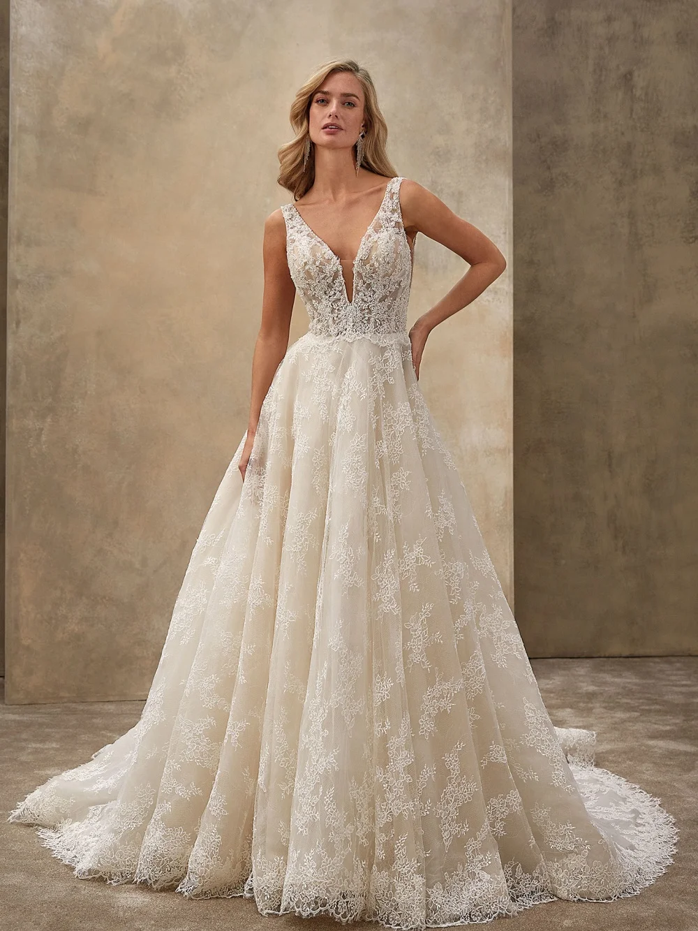 

Sexy Deep V-Neck Wedding Dresses Stylish Appliqué Bridal Gowns Graceful Lace A-Line Floor-Length Wedding Gowns Vestidos De Novia