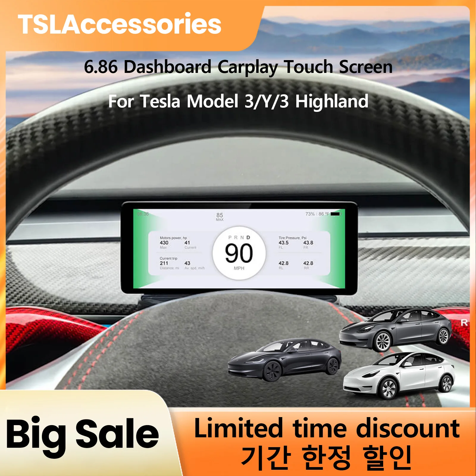 

TSLAccessories 6.86'' Dashboard Carplay for Tesla Model 3 2017-2019 F68 Touch Screen Smart HD Display Car HUD Instrument Cluster