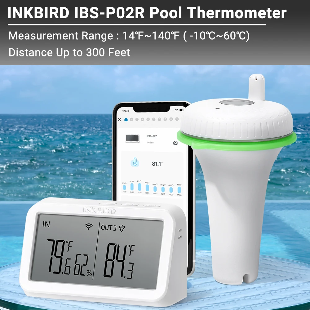 INKBIRD IBS-P02R Wireless Floating Pool Thermometer Set with Indoor Temperature Humidity Monitor, 3 Channels IPX7 Waterproof