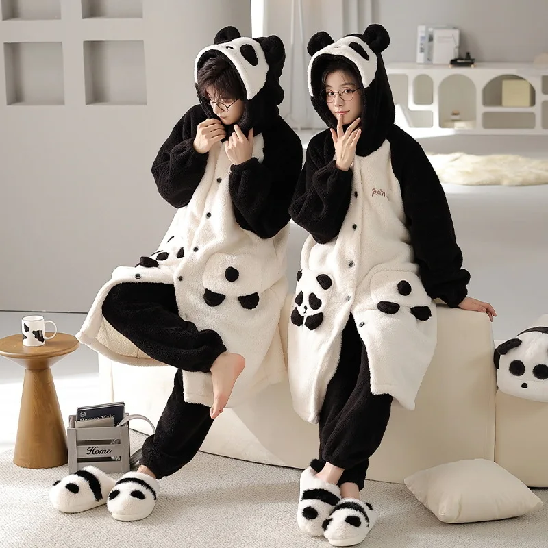 Women Robe &Pant Coral Fleece Sleepwear Winter Thicken Men Cartoon Bathrobe Gown Couple Sleepwear Flannel Nightwear Home Clothes