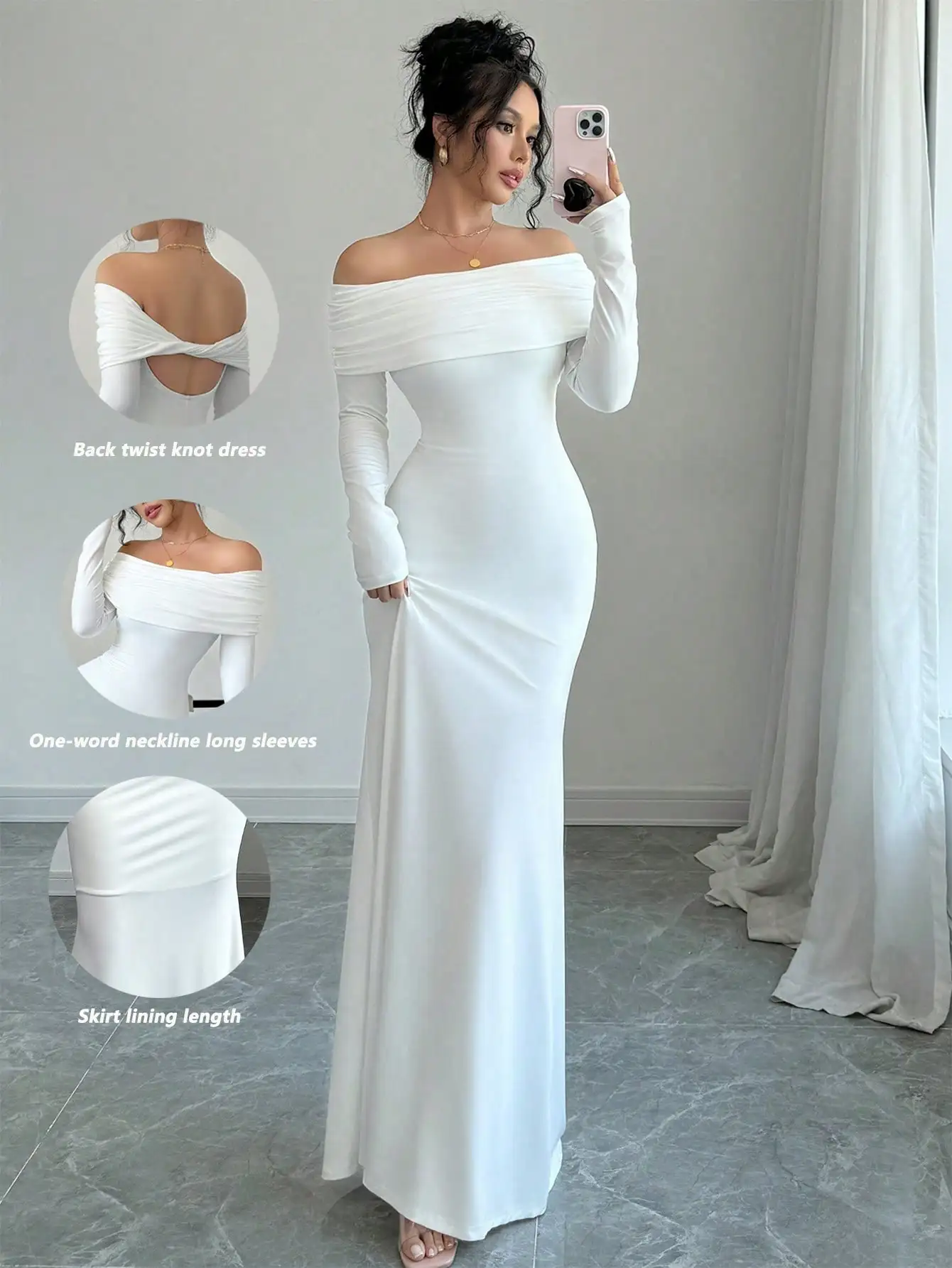 

Белое облегающее платье макси с открытыми плечами, длинными рукавами и скрещенной спинкой для женщин