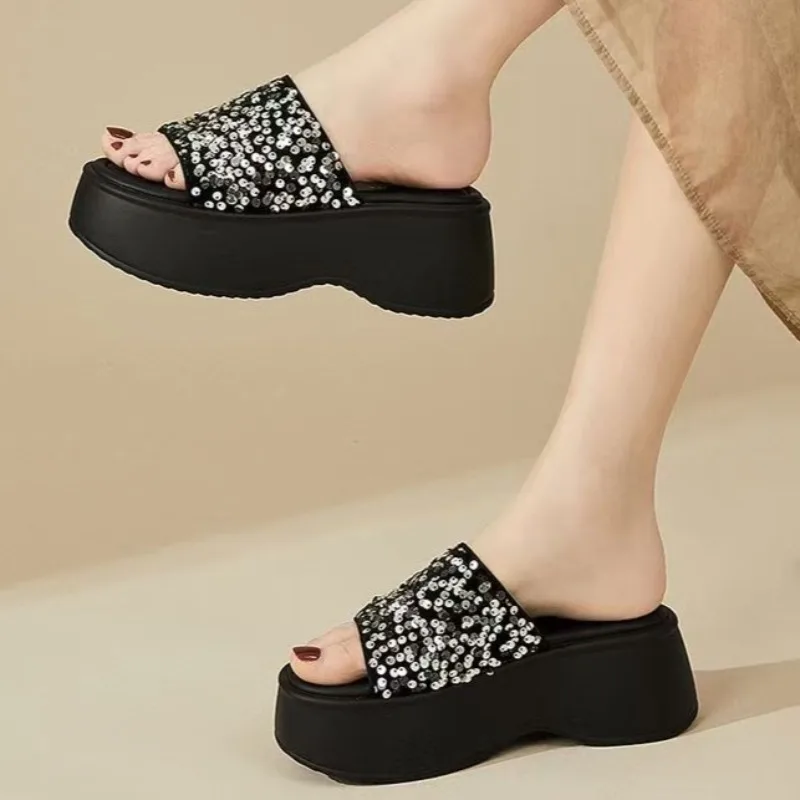 Summer New Sequin Decor Thick Bottom Casual Women's Sandals 2026 Fashion Round Toe Non Slip Women Shoes Сандалии Для Девочек