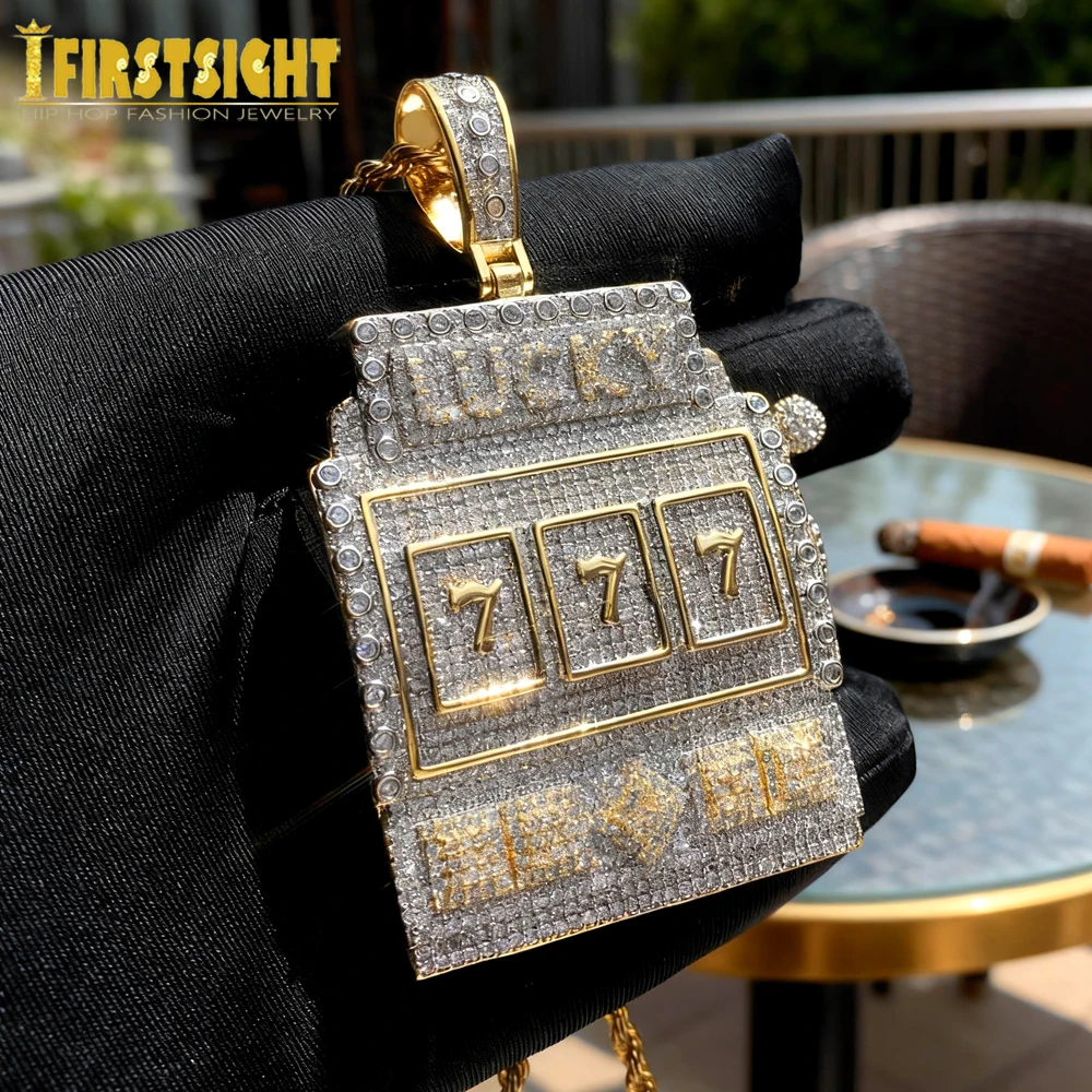 New Iced Out Bling Slot Machines Pendant Necklaces Two Tone Color 5A Zircon Lucky 777 Charm Chain Men's Women Hip Hop Jewelry