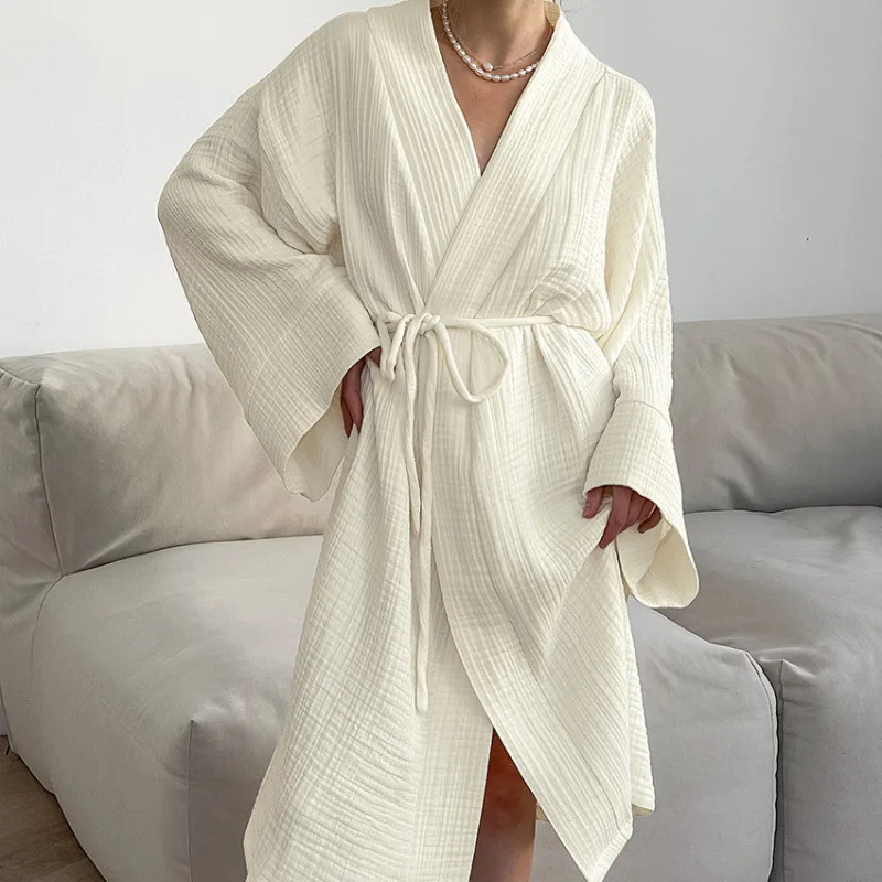 Breathable Cotton Belted Women Kimono Robe Tie Waist Relaxed Fit Wearable Sleepwear for Spring Summer Home Lounge