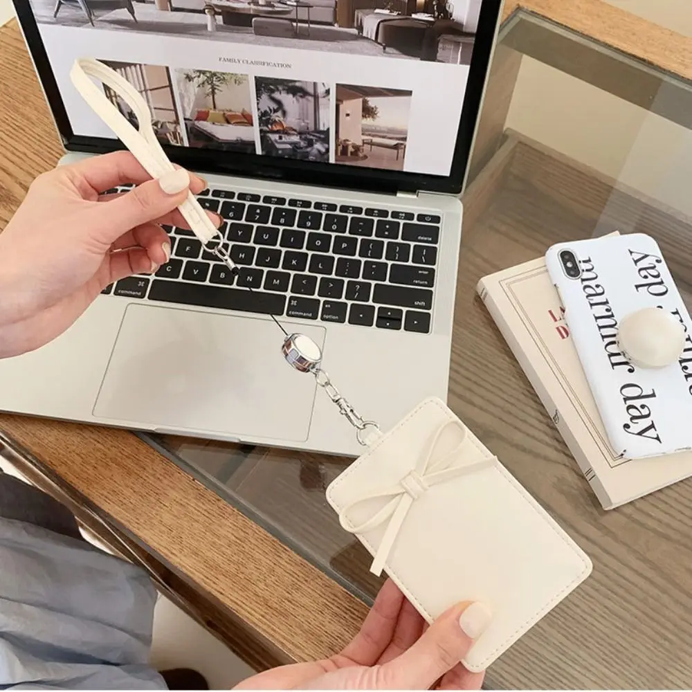 PU Leather Bow Leather Card Holder Retractable Name Tag Work Card Cover Bowknot Scalable Bus ID Holders Bank Credit Card