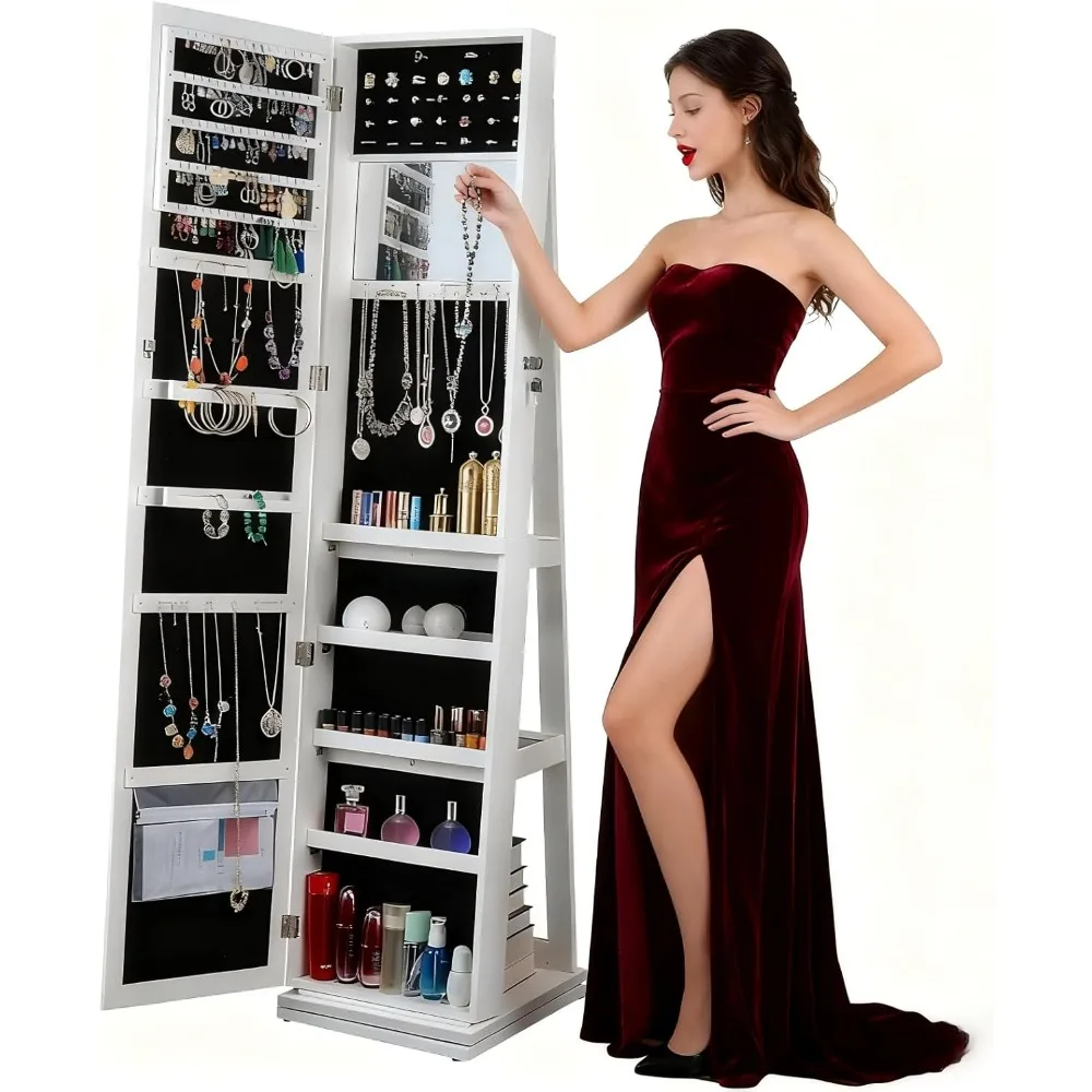 خزانة مجوهرات بمرآة، خزانة مجوهرات دوارة 4 في 1 مع 360 درجة ° قائمة دوارة قابلة للقفل، أرفف تخزين خلفية، داخل صغير