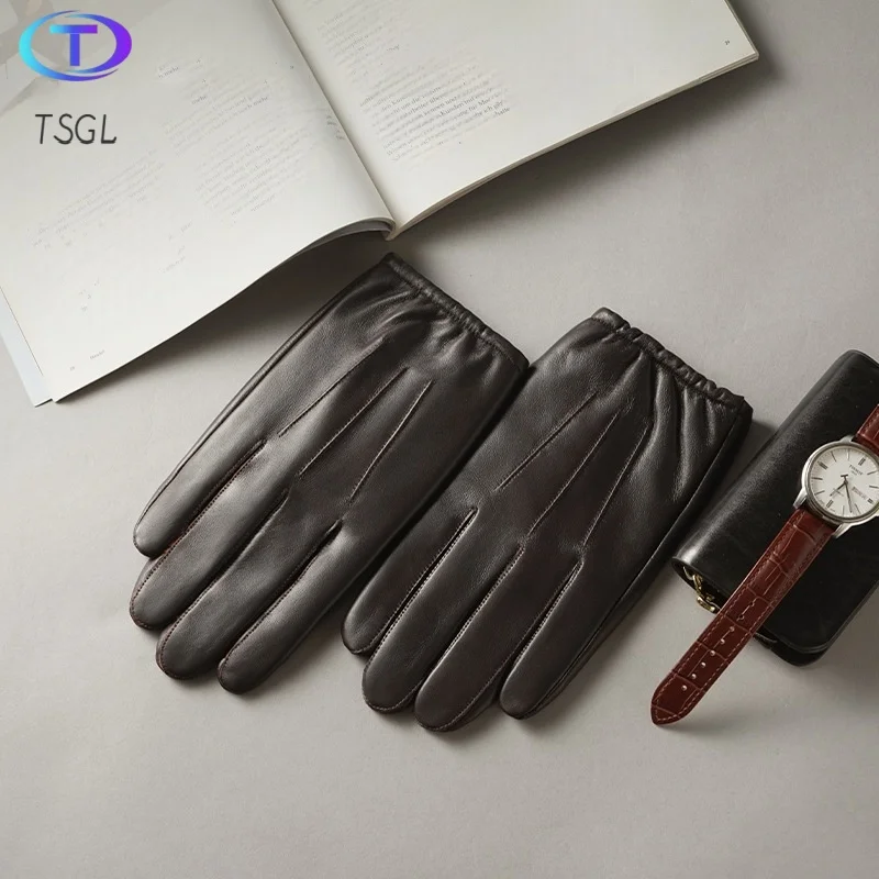 

New Arrival 3 Color Men Genuine Sheepskin Leather Gloves Autumn Winter Warm Touch Screen Full Finger Black Gloves