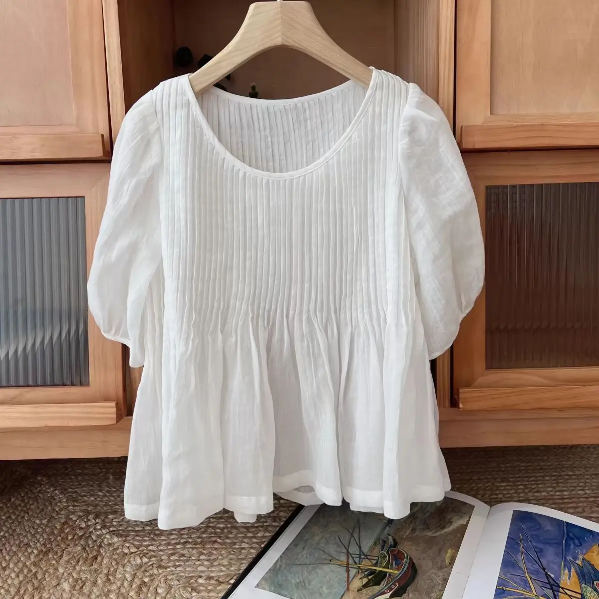 

Korean Accordion Pleat Doll irt! Summer Versatile Slimming round Ne ort Sve Women's irt Textured Ele Top