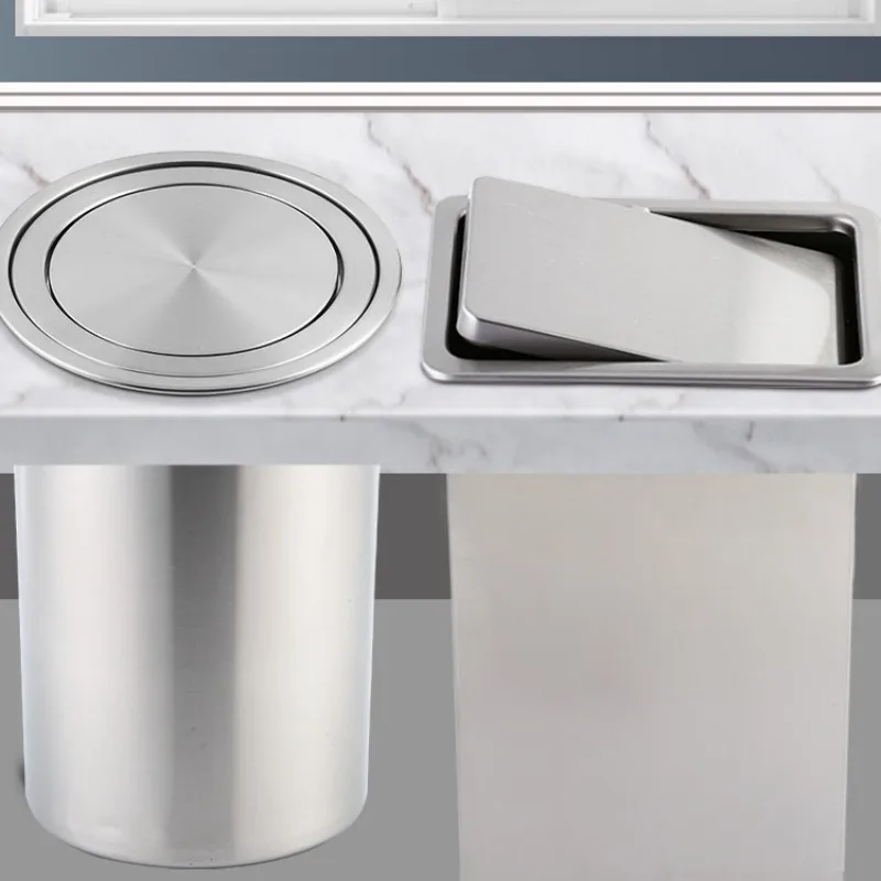 Countertop embedded stainless steel trash can flip cover shaking cover elastic cover decoration kitchen bathroom brushed square