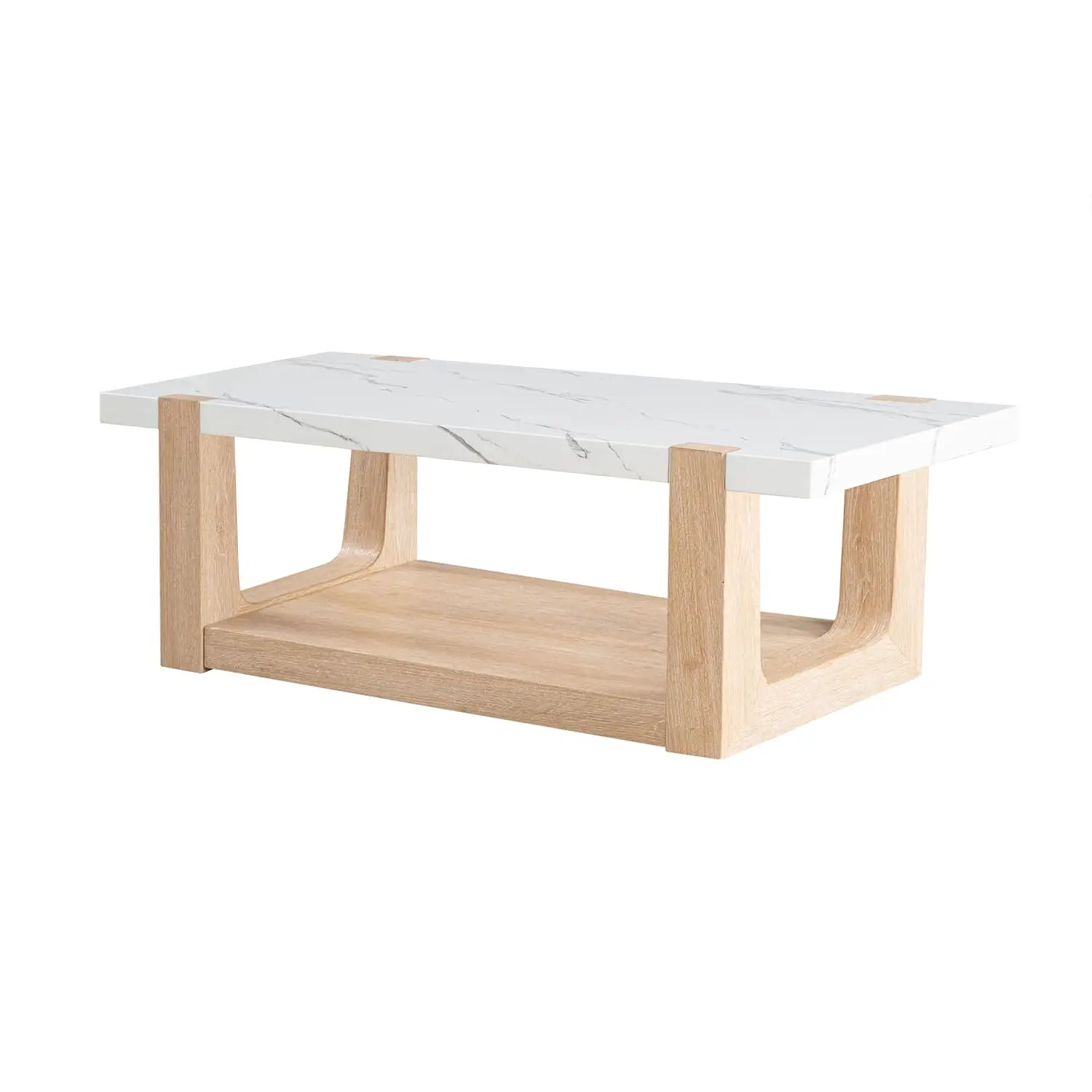 

48-inch Marble Top Coffee Table With Shelf Base And U-Shaped Legs For Living Room, Apartments, Home Office, Natural