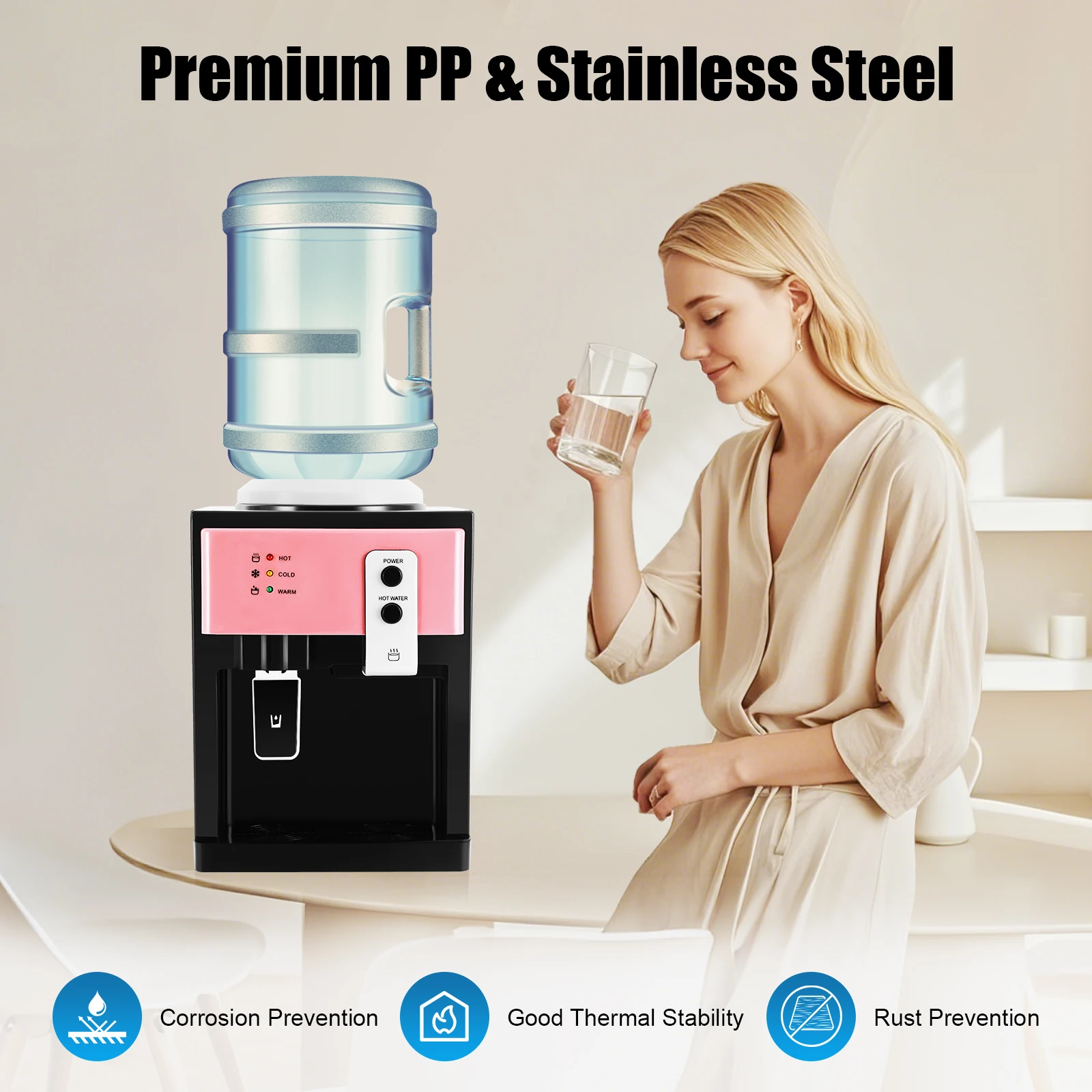 500W Hot & 75W Cold Water Dispenser, Stylish Rose Gold, Quick Cool/Heat, Anti-Dry Burn, Lightweight 5.86lbs, Easy Move, US Plug