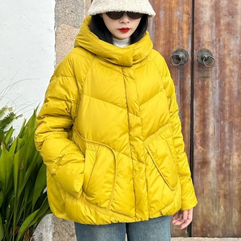 겨울 신상 한국 스타일 후드 패션 캐주얼 브레드 재킷 화이트 덕 다운 재킷, 트렌디한 여성용 숏 다운 재킷