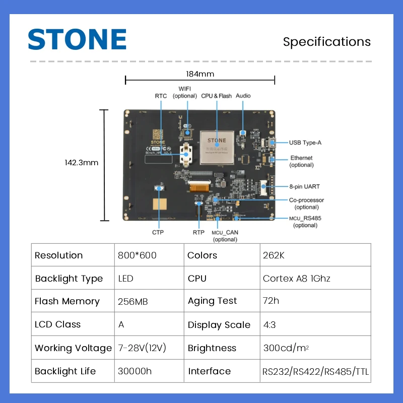 STONE I 8.0 inch Industrial HMI Display Panel TFT LCD with Resistive Touch Screen RS232/RS422/RS485/TTL 800*600 for Arduino