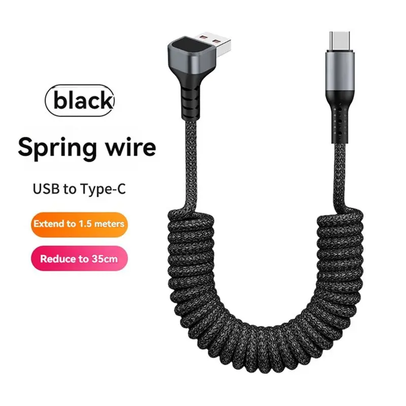 LXYB18B 100W Coiled USB A To Type C Cable For Car,90 Degree Spring Retractable Fast Charging Data Cord