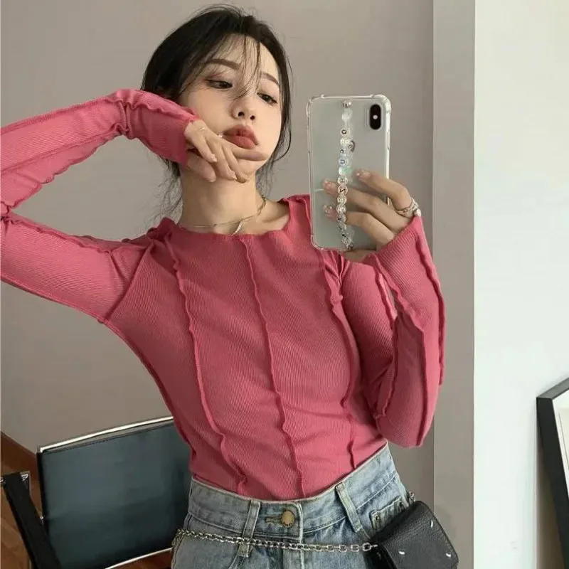 

Women's T-shirt Women's Long-sleeved T-shirt Spring Solid Color O-neck Elegant Bright Line Decoration Casual Soft High-quality