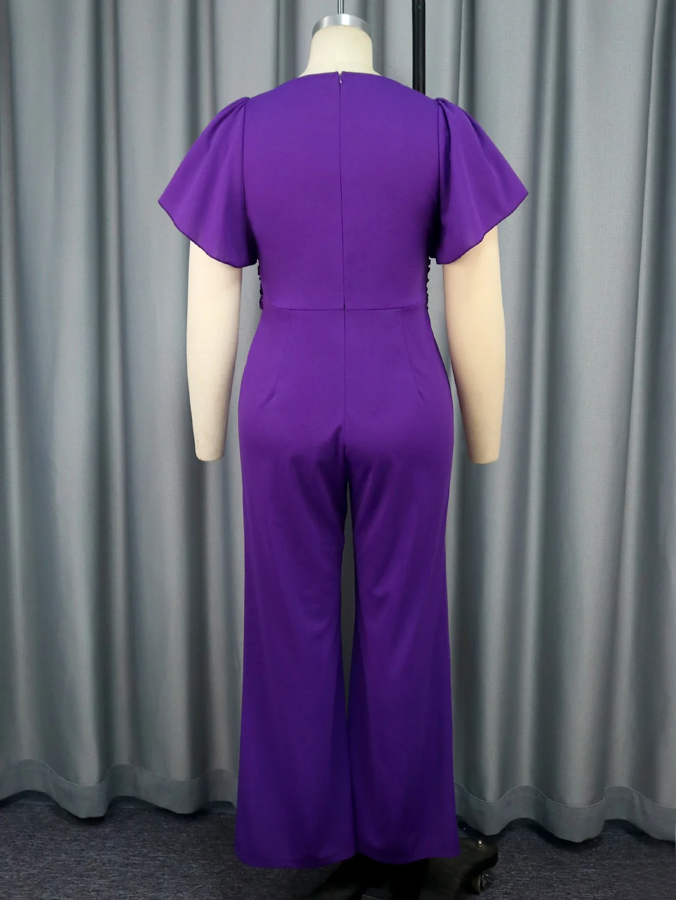 Purple Party Jumpsuits Slant Collar Ruffles Sleeve High Waist Wid Leg Pants Evening Cocktail Rompers Bodycon Overalls for Women