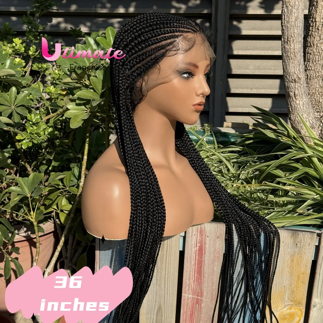 Perucas Trançadas Sem Nó, Tranças Fulani Sintéticas de 36 Polegadas, Peruca de Renda Completa Transparente com Cabelo de Bebê para Mulheres Negras