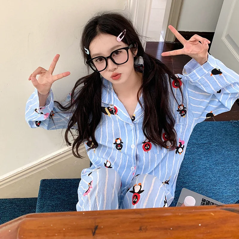 B Cartoon Cute Print Women's Pajamas M-XXL Fashion Blue White Striped Homewear 2026 Autumn Fall New Casual Sleepwear