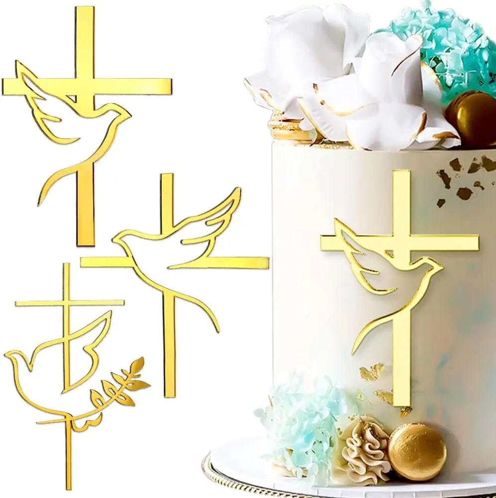 Adornos para tartas de primera comunión, adornos para tartas de 3 piezas, con forma de cruz, Paloma, bautismo, Baby Shower, cupcakes, decoración para tartas de cumpleaños