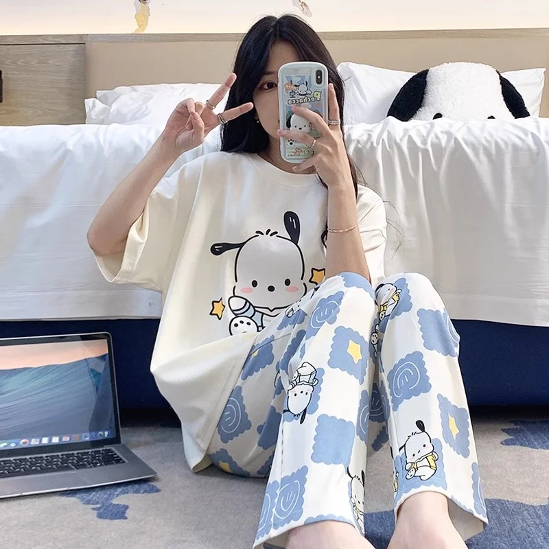 Sanrio Kawaii Pochacco Pajamas Set Stitch Cute Cartoon Student Soft Cotton Loungewear Home Wear Birthday Gift Girls Toys