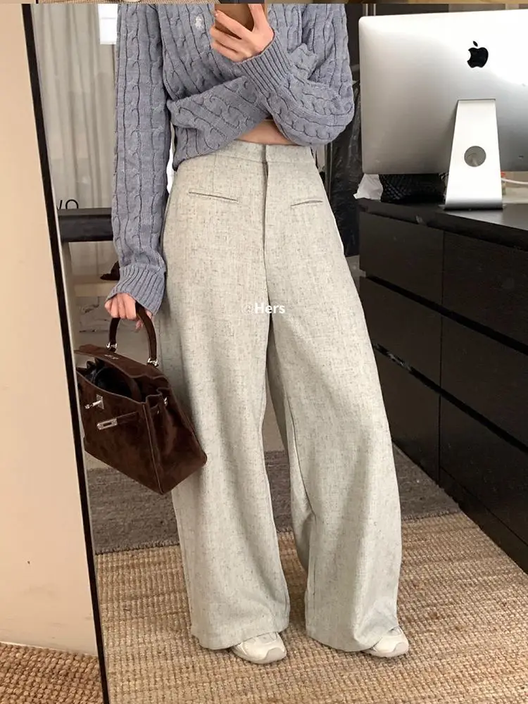 Pantalon décontracté taille haute pour femme, pantalon trempé à jambes larges, haut de gamme, polyvalent, rétro, à la mode, vadrouille au sol, fjt, 2025