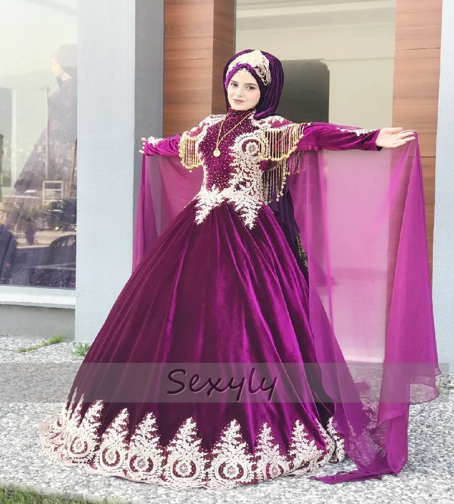 فستان زفاف تركي أرجواني عتيق مع دانتيل كم طويل قفطان عثماني فستان زفاف مغربي 2025 عروس مسلمة مخصصة