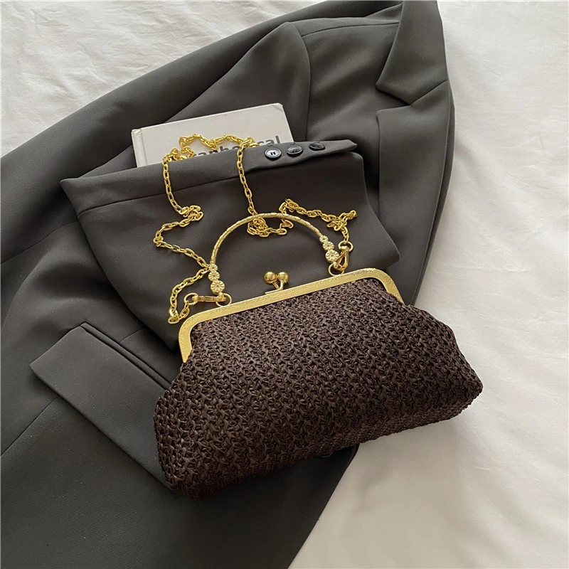 

Metal Handle Straw Clutch Bag Luxury Designer Women Brand Chain Crossbody Bag Luxury Shell Party Evening Bags Beach Handbag