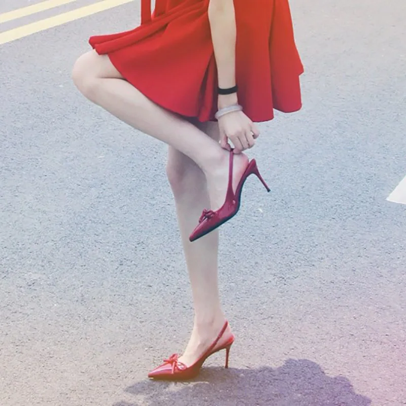 New Bowknot Pumps Women Summer Sandals Women Sexy Wine Red Pointed Toed Stiletto High Heels Dress Shoes Women Sandalias Female