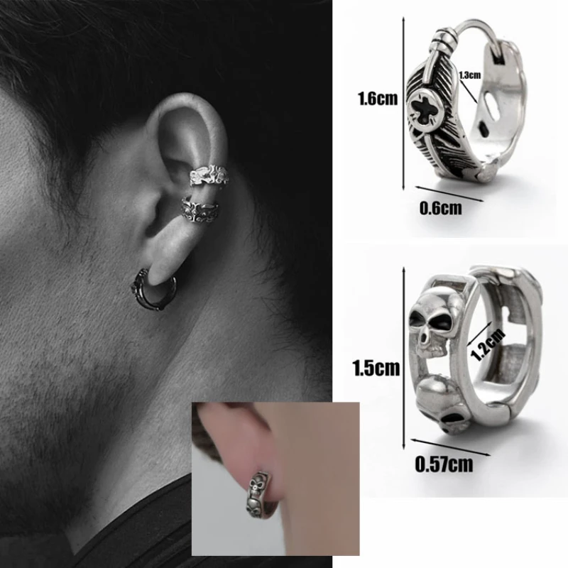 

1PC Thick Small Hoop Earrings for Men Teens Anit Allergy Stainless Steel Skull Huggies Earrings Unisex Punk Rockb Ear Jewelry