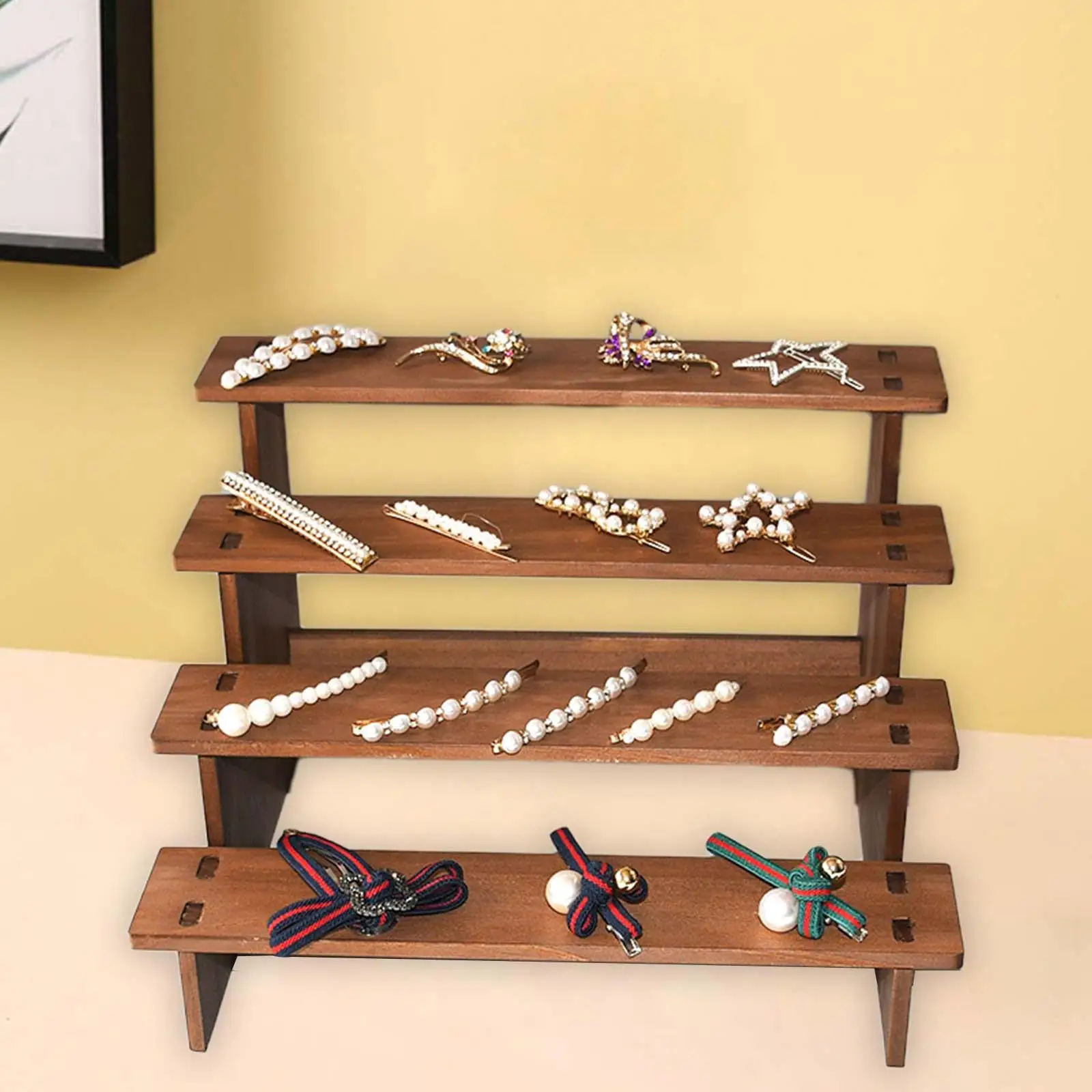Wooden Display Riser Shelf 4 Tiers Dessert Organizer for Figure Bottles Jars 30x24x19cm