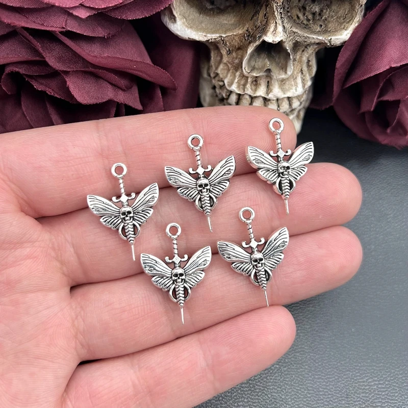 10pcs 24*18mm Antique Silver Color Butterfly Skull Sword Charms Pendant Designer Charms Fit Jewelry Making DIY Jewelry Findings