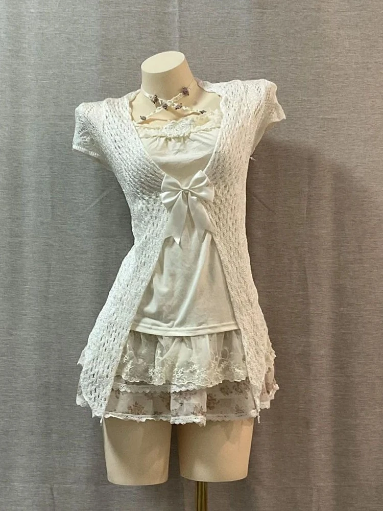 لوليتا الحلو أنيقة 2 قطعة مجموعات فساتين 2000s سليم قصيرة الأكمام صدرية مثير الدانتيل فستان بحزام Y2k Kawaii خمر الدعاوى شيك