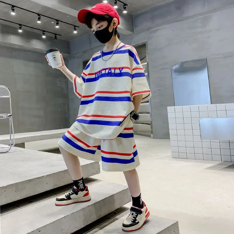 Striped Short-sleeved Sportswear Summer Suit for Boy Set Children From 4 Years Old Tees Kids Clothes Boys Children's Costumes 11
