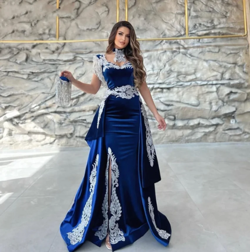 Othray 2025 Appliques Lace Cap Sleeve Royal Blue Mermaid Slit Velvet Arabic Prom Gowns Moroccan Caftan Evening Dress