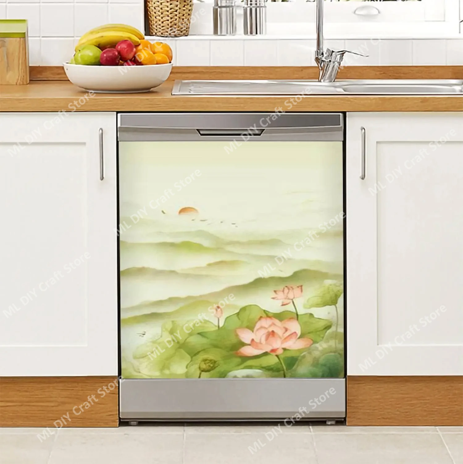 Lotus Flower Dishwasher Sticker Decor Door Cover,White and Gold Floral Picture Sticker Decal Refrigerator Magnets for Adults