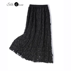 2024 Autumn New Heavy Industry Embroidery Natural Mulberry Silk Elastic Waist High Waist Women's Fashion Casual Black Skirt